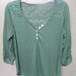 Green Peasant Blouse Lace Detail, Roll Tab Sleeves Sz L